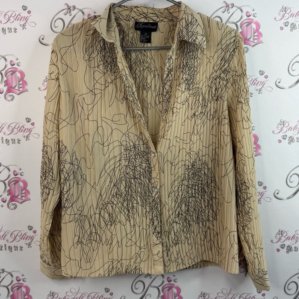 Karen Arnold button down rhinestone buttons Beige and Black Patterned Blouse